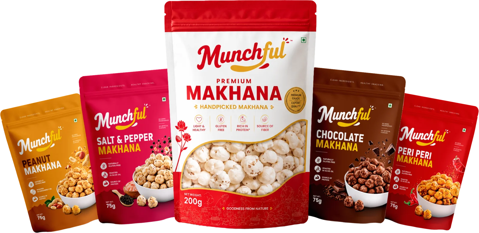The Munchful range: Premium Makhana 200 g with Peanut, Salt & Pepper, Chocolate and Peri Peri 75 g packs